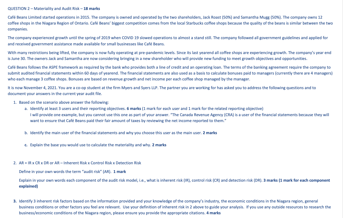  QUESTION 2 - Materiality and Audit Risk - 18 marks Caf