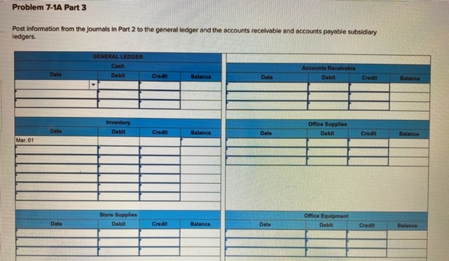 Problem 7-1A Part 3 Post information from the journals in Part 2