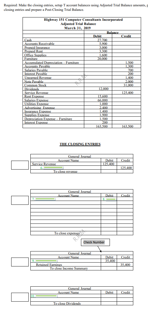  Required: Make the closing entries, setup T account balances using Adjusted