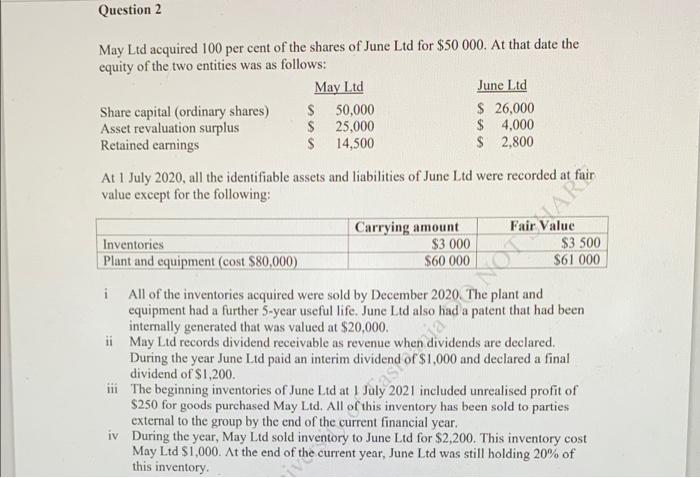 this question pls Question 2 May Ltd acquired 100 per cent of