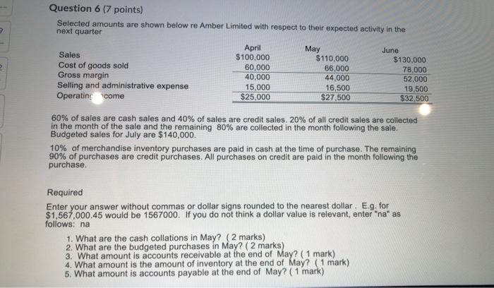 Mangerial Accounting. please provide help Question 6 (7 points) Selected amounts are