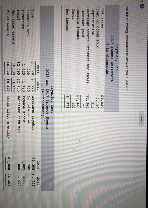  m Saved Use the following information to answer this question. Bayside,