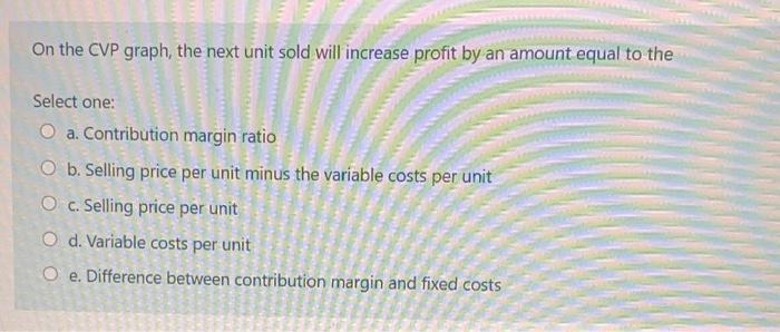  On the CVP graph, the next unit sold will increase profit