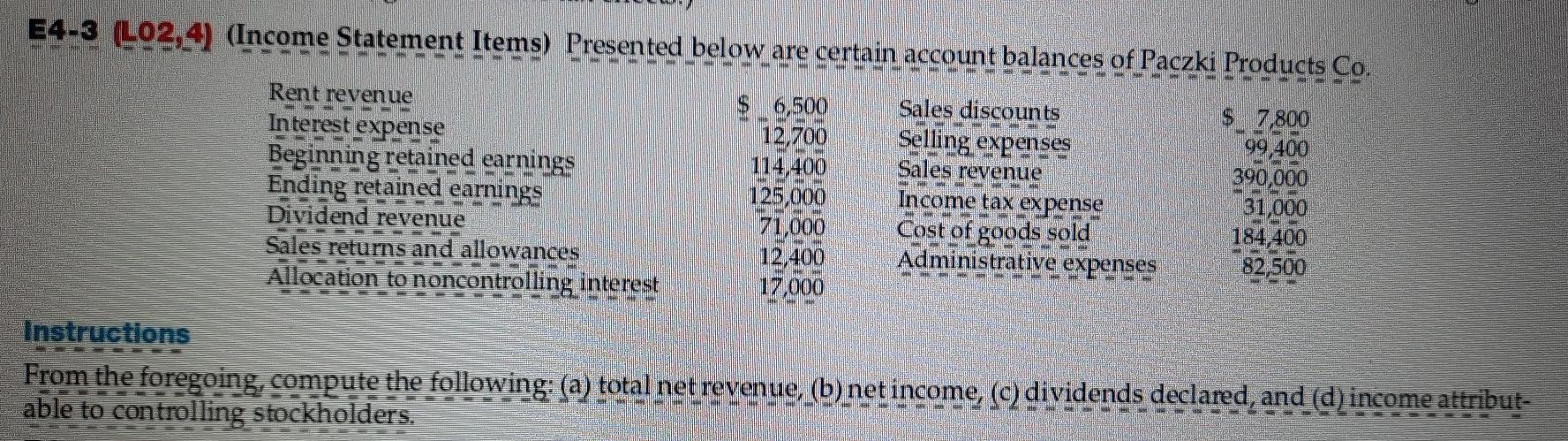  typing format please E4-3 (L02,4) (Income Statement Items) Presented below are