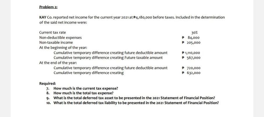 Problem 2: KAY Co. reported net income for the current year