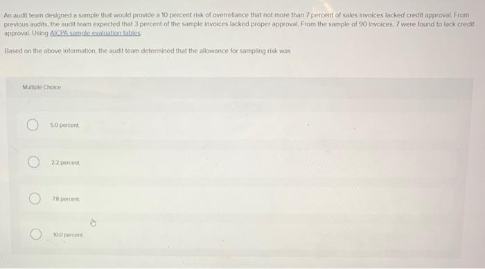  An audit team designed a sample that would provide a 10