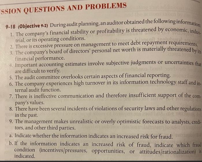  SSION QUESTIONS AND PROBLEMS 9-18 (Objective 9-2) During audit planning, an
