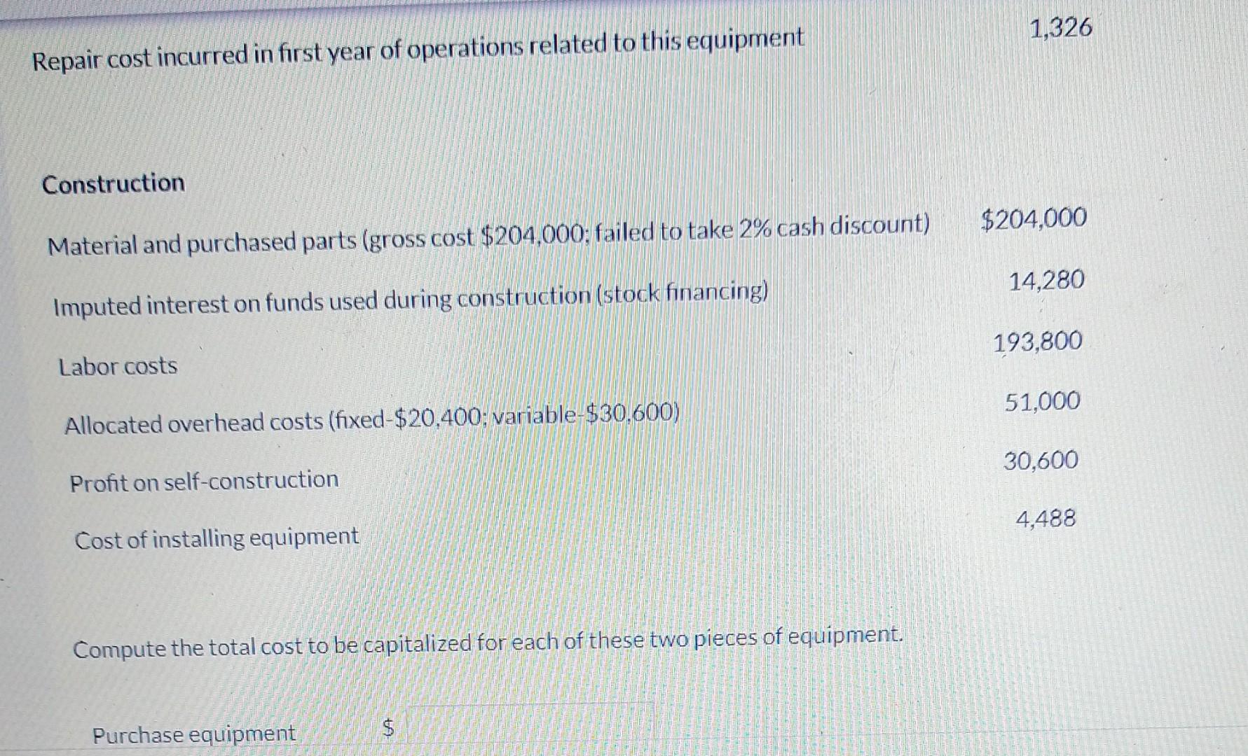 its operations. The following iterns for two different types of equipment were