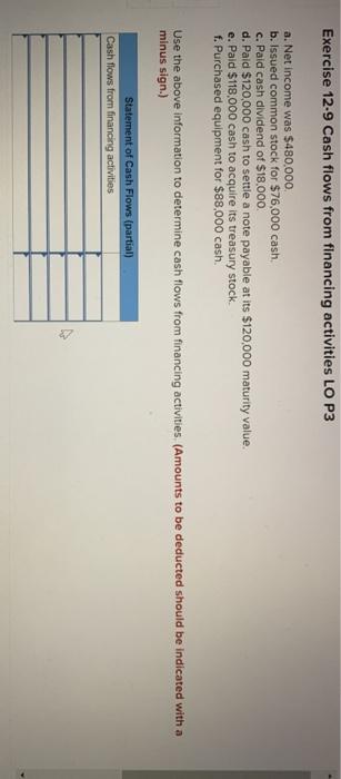 Exercise 12-9 Cash flows from financing activities LO P3 Exercise 12-9 Cash