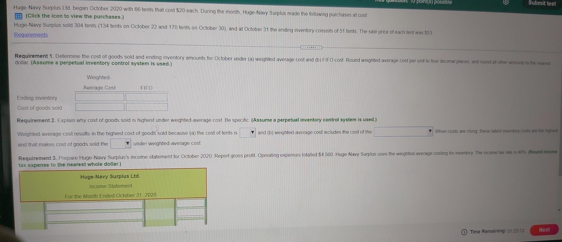  Submit test 10 point possible Huge-Navy Surplus Ltd. began October 2020