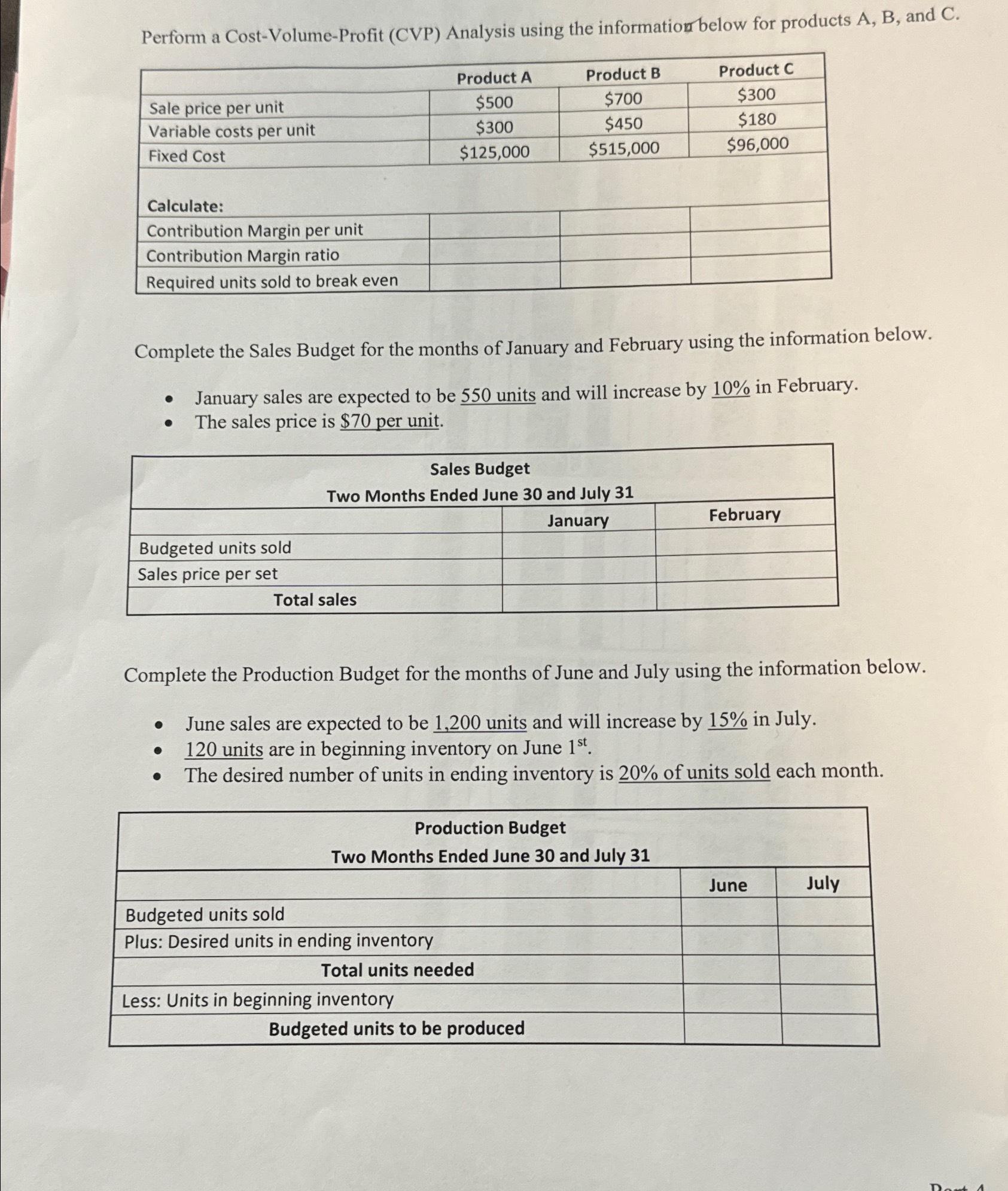  Perform a Cost-Volume-Profit (CVP) Analysis using the information below for products