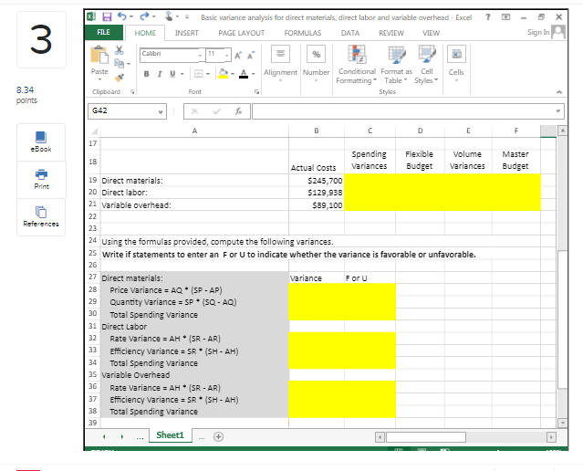 variance analysis for direct materials, direct labor and variable overhead - Excel
