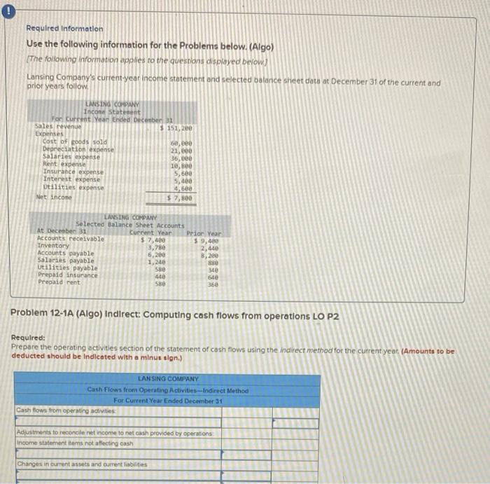  Required Information Use the following information for the Problems below. (Algo)