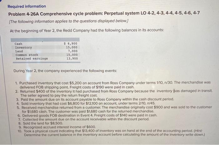  Required information Problem 4-26A Comprehensive cycle problem: Perpetual system LO 4-2,