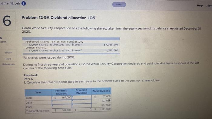  hapter 12 Lab Savnd Help Say Problem 12-5A Dividend allocation LO5