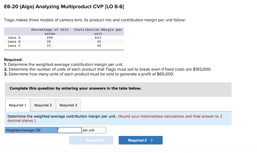  E6-20 (Algo) Analyzing Multiproduct CVP (LO 6-6] Tiago makes three models