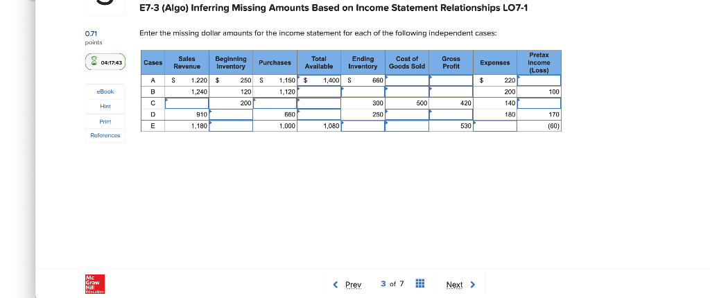 E7-3 (Algo) Inferring Missing Amounts Based on Income Statement Relationships L07-1