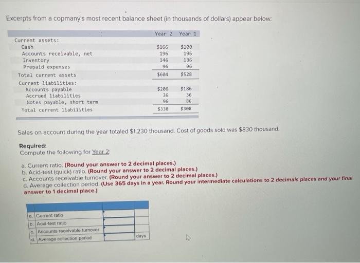  Excerpts from a copmany's most recent balance sheet (in thousands of