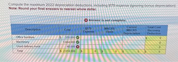 bonus depreciation) Note: Round your final answers to nearest whole dollar. TABLE