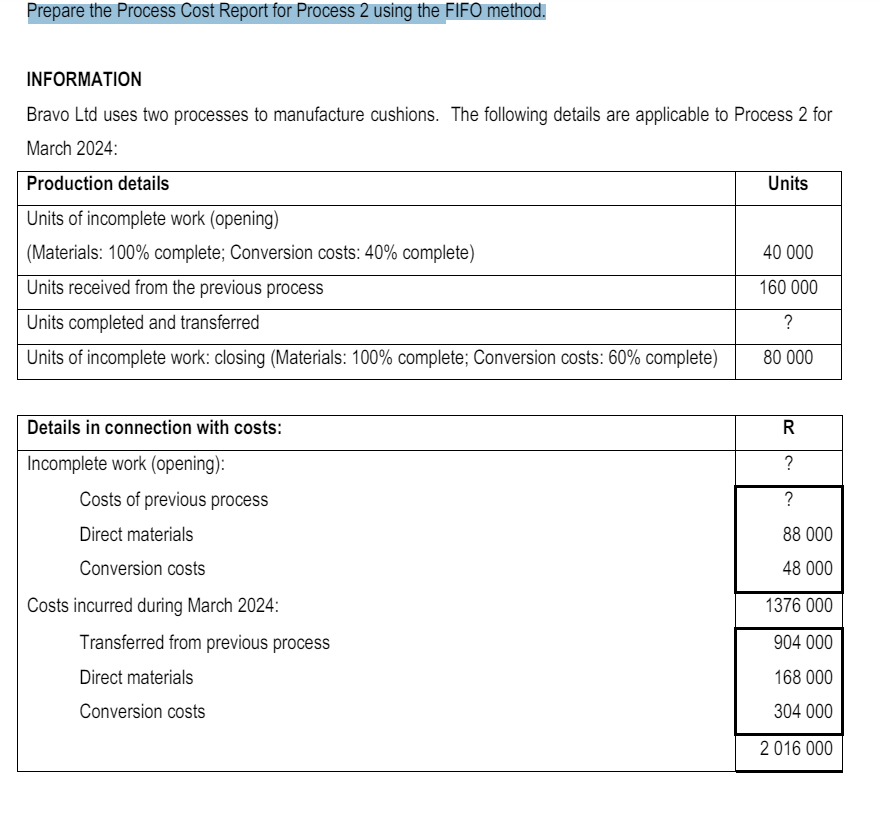  Prepare the Process Cost Report for Process 2 using the FIFO