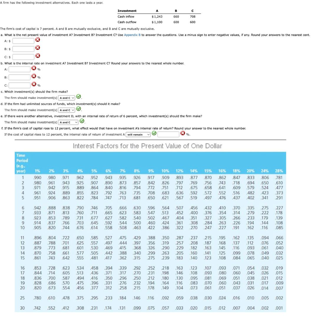  Problem 22-12 A firm has the following investment alternatives. Each one