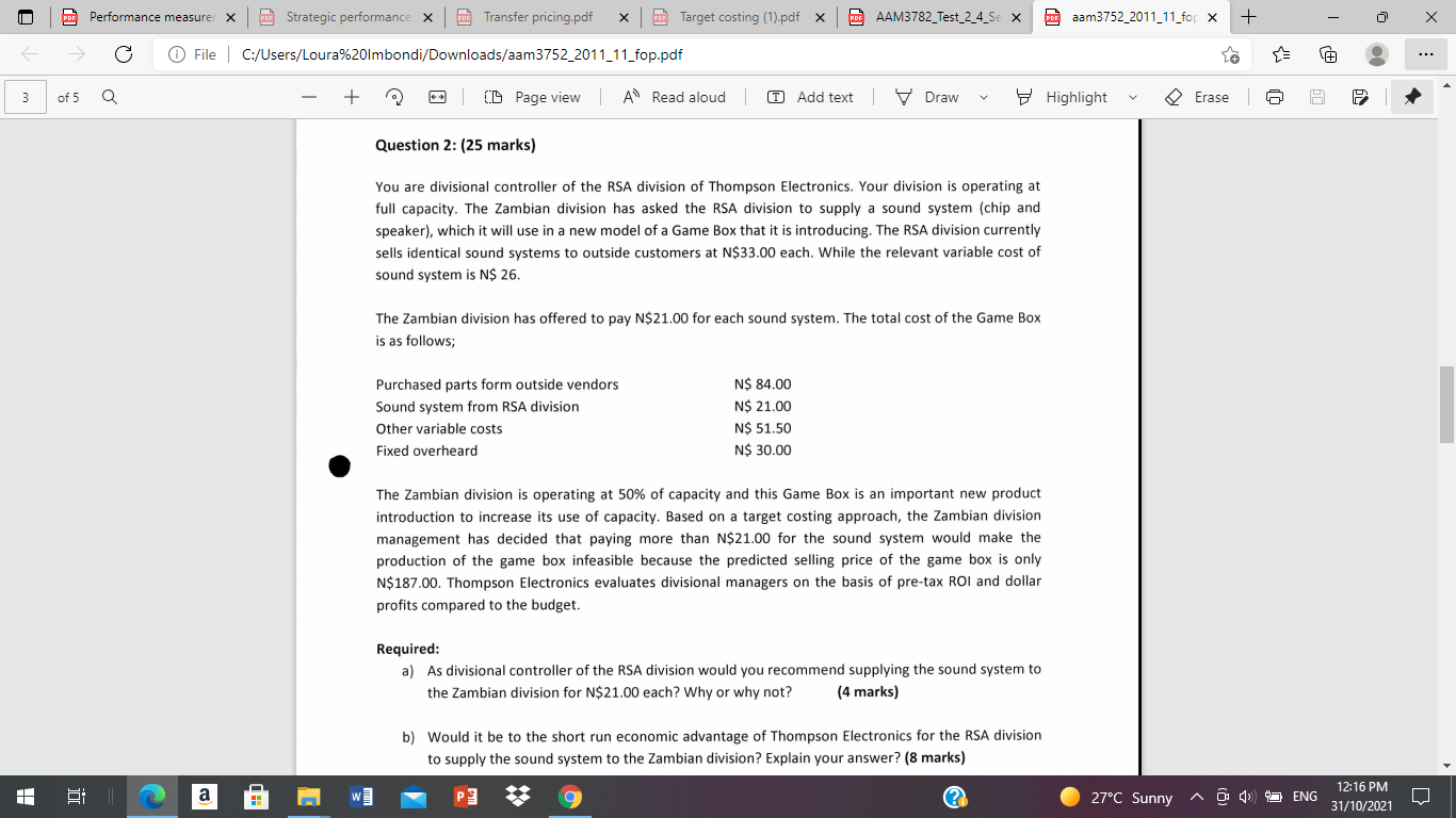 Performance measure Strategic performance X BD Transfer pricing.pdf DE Target costing