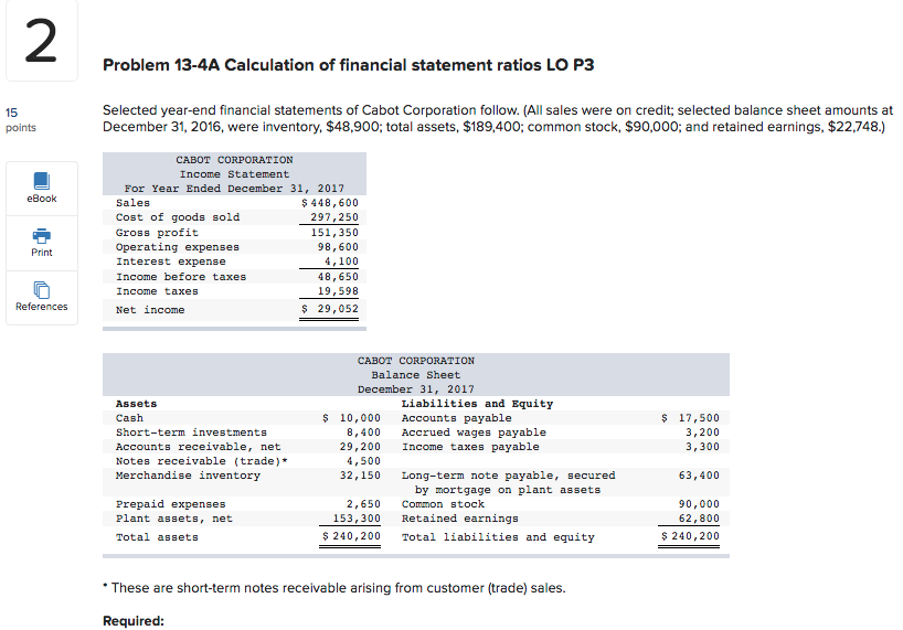 2 Problem 13-4A Calculation of financial statement ratios LO P3 15