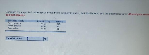 Compute the expected return given these three economic states, their likelihoods,