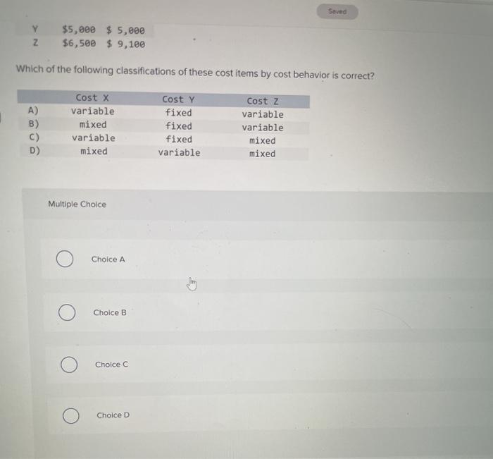 cost items. Cost Item Y Z Cost at Cost at 180 140