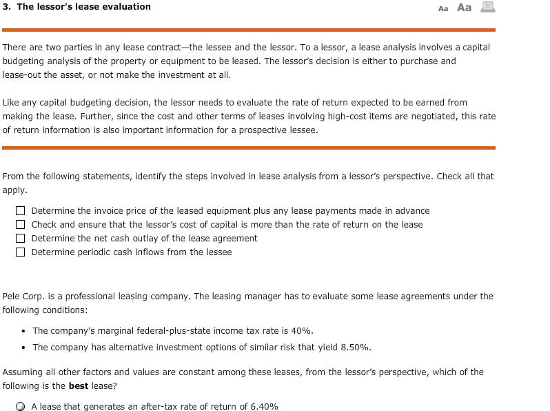 3. The lessor's lease evaluation Aa Aa There are two parties
