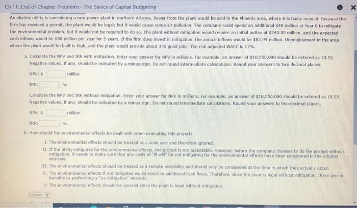  X Ch 11: End-of-Chapter Problems - The Basics of Capital Budgeting