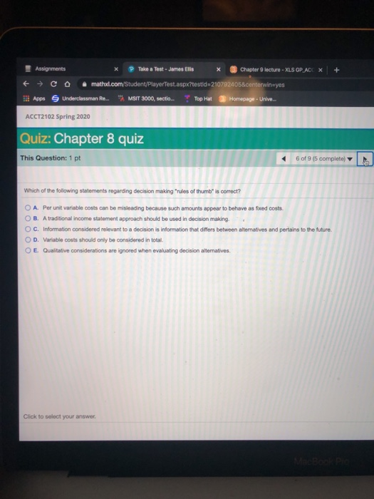  Assignments Take a Test - James Elis X Chapter 9 lecture