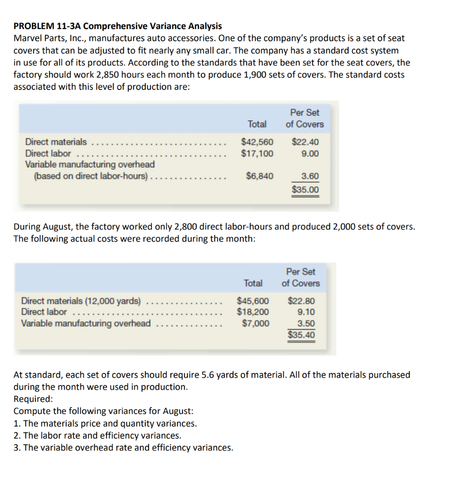 Provide explanation please PROBLEM 11-3A Comprehensive Variance Analysis Marvel Parts, Inc., manufactures