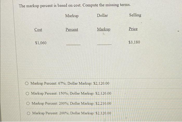  The markup percent is based on cost. Compute the missing terms.