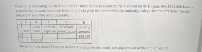  Foley Co. is preparing the electronic spreadsheet below to amortize the
