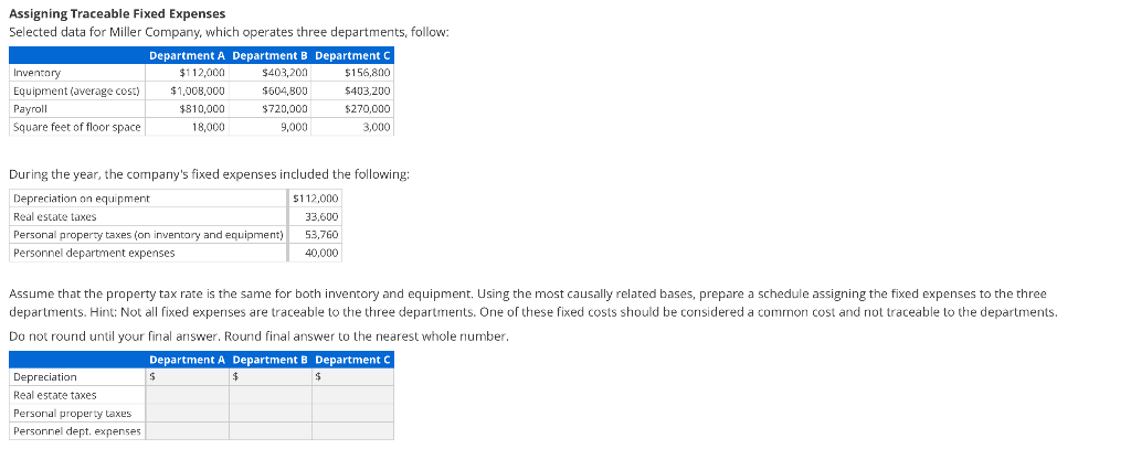 Assigning Traceable Fixed Expenses Selected data for Miller Company, which operates