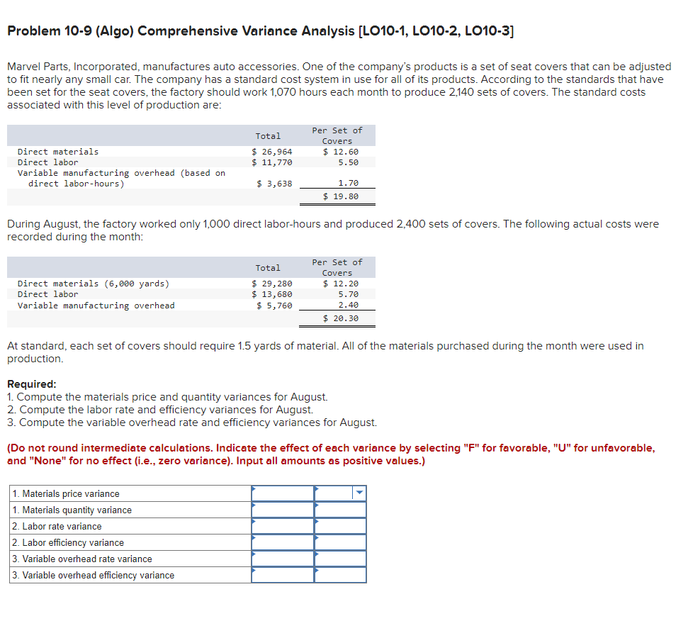  Problem 10-9(Algo) Comprehensive Variance Analysis [LO10-1, LO10-2, LO10-3] Marvel Parts, Incorporated,