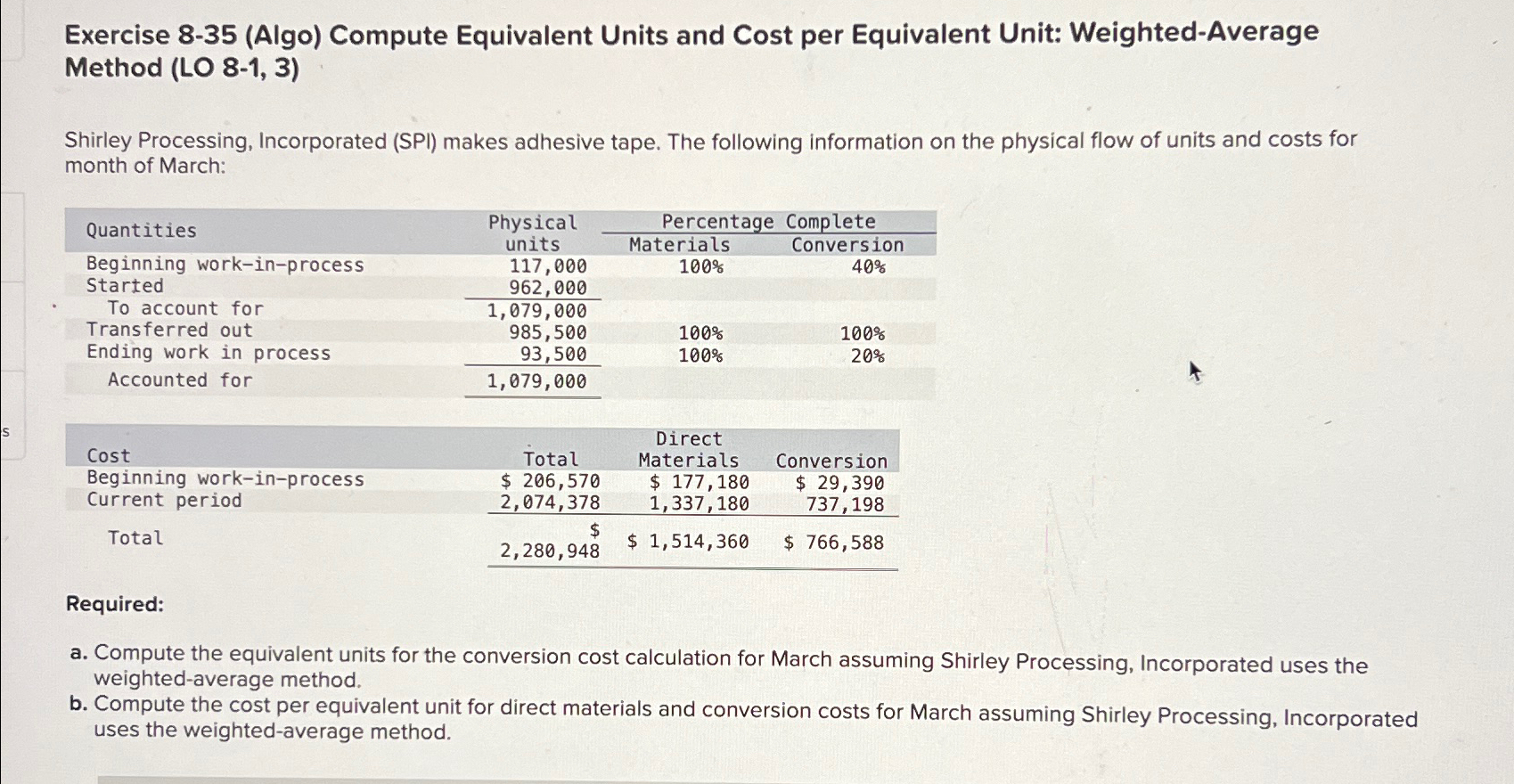 Exercise 8-35(Algo) Compute Equivalent Units and Cost per Equivalent Unit: Weighted-Average