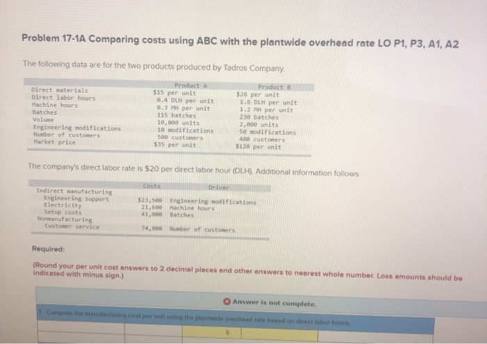  Problem 17-1A Comparing costs using ABC with the plantwide overhead rate