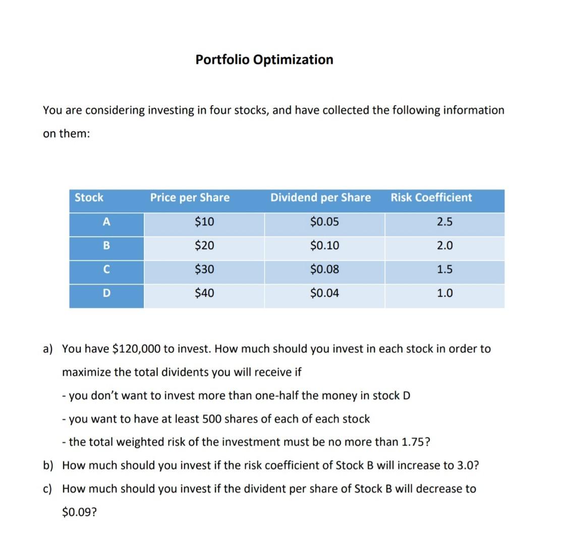  please solve everything because every options are1 question already. Portfolio Optimization