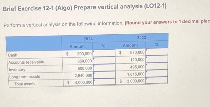 Brief Exercise 12-1 (Algo) Prepare vertical analysis (L012-I) Perform a vertical analysis