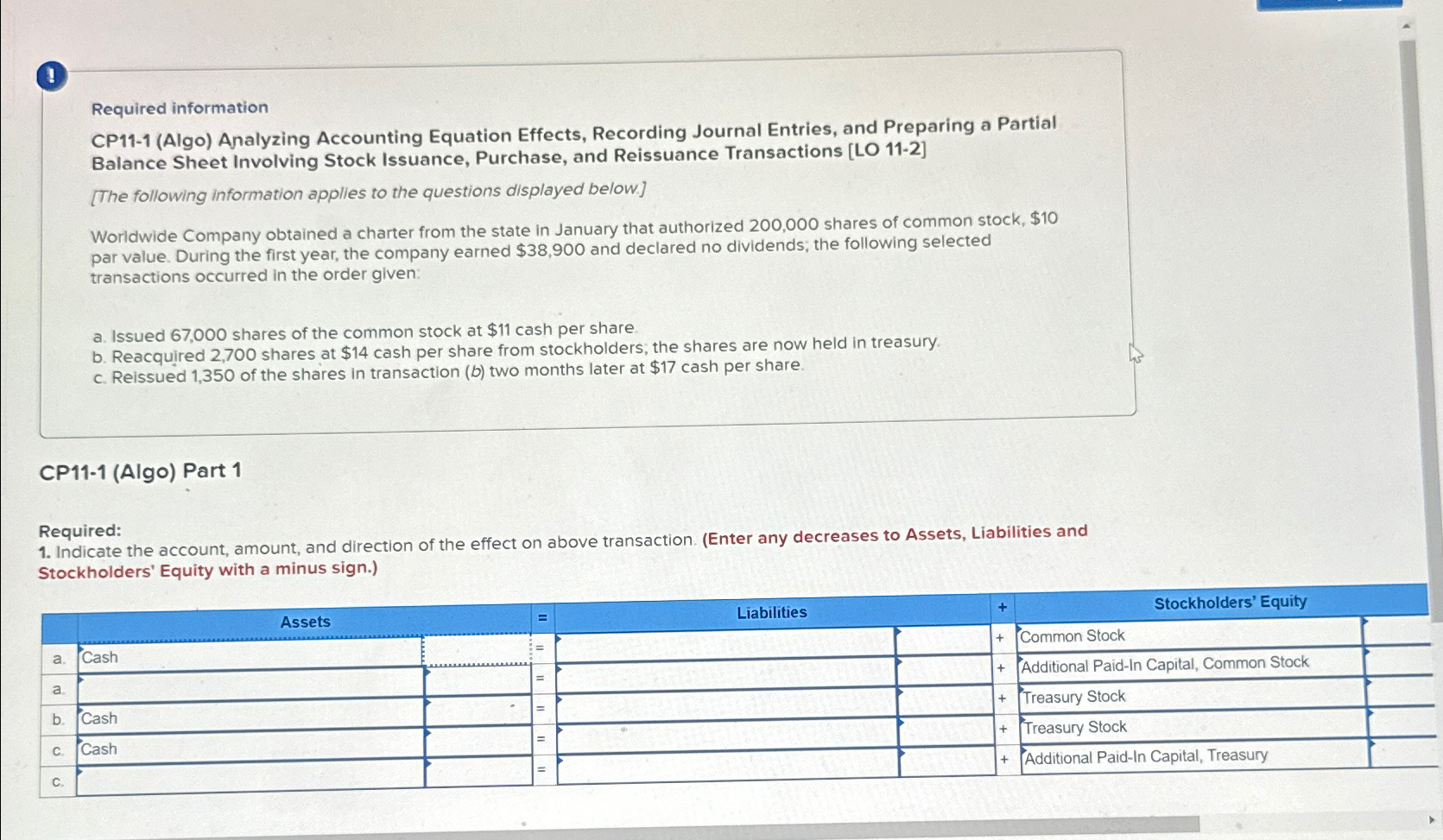  (2) Required information CP11-1(Algo) Analyzing Accounting Equation Effects, Recording Journal Entries,