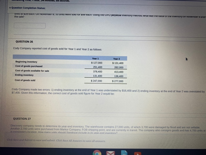  es, 58 seconds. Question Completion Status: U ZO BLITT UIT OVemer