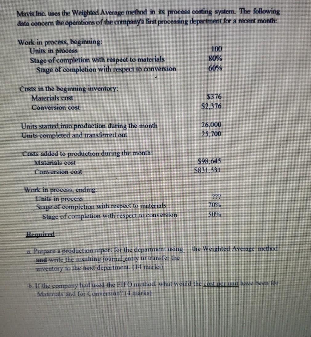  Mavis Inc. ibes the Weighted Average method in its process costing
