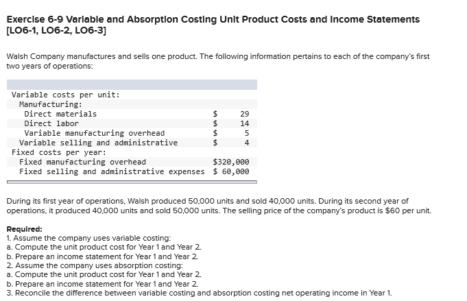  Exercise 6-9 Variable and Absorption Costing Unit Product Costs and Income