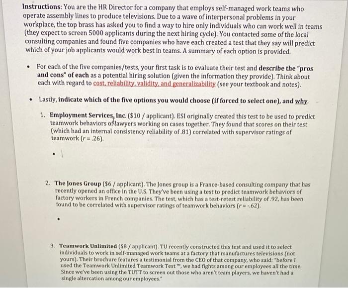 ALL NEED PROS AND CONS FOR EACH nstructions: You are the HR