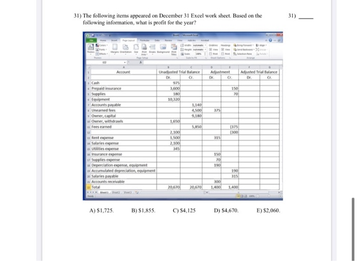  31) The following items appeared on December 31 Excel work sheet.