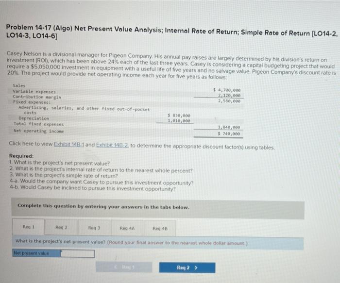  Problem 14-17 (Algo) Net Present Value Analysis; Internal Rate of Return;
