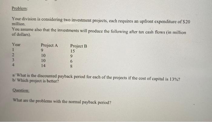 Capital Budgeding Problem: Your division is considering two investment projects, each requires