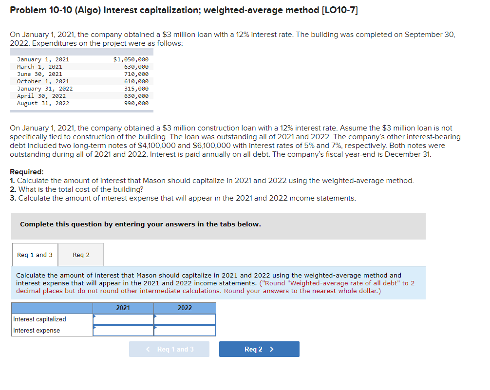  Problem 10-10 (Algo) Interest capitalization; weighted-average method [LO10-7] On January 1,